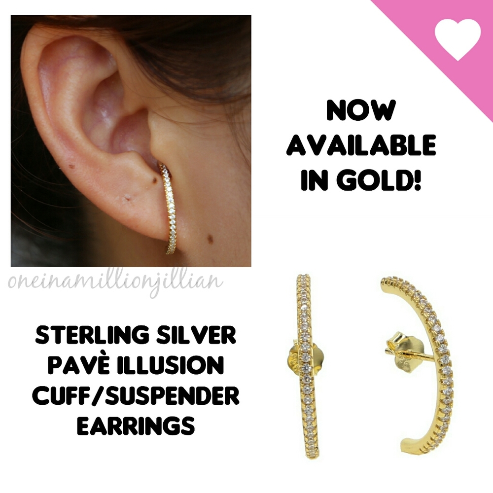 Gold 925 Silver Pave Cuff/Suspender Earrings